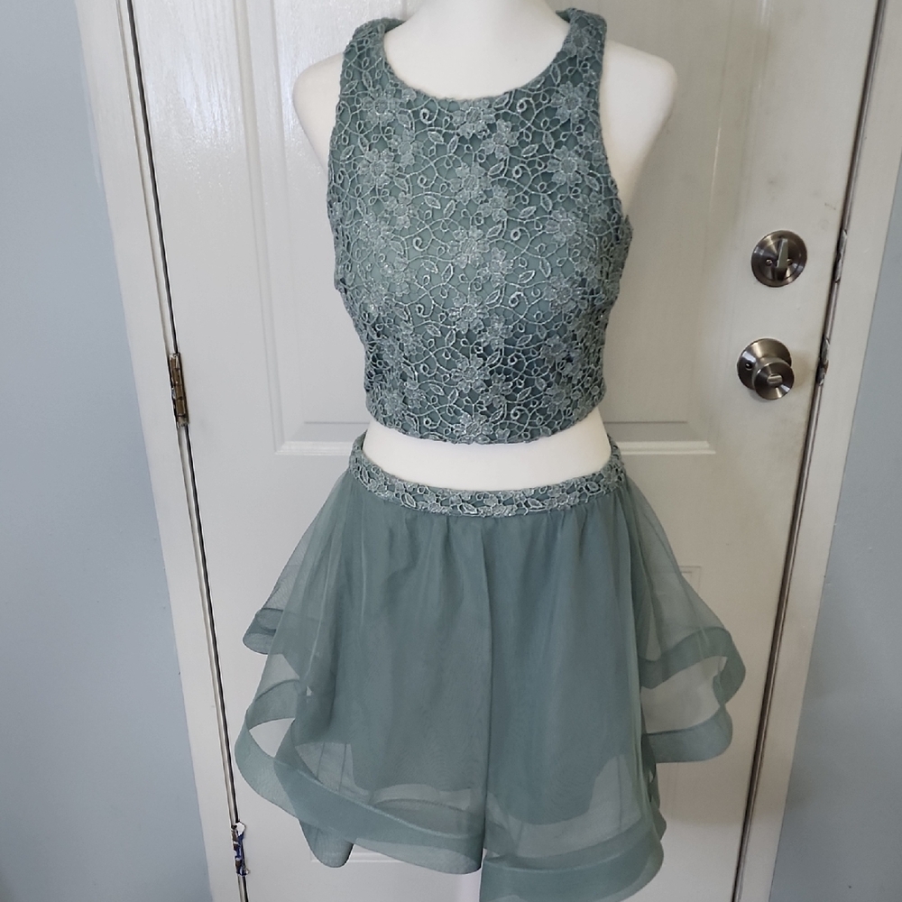 Jodi Kristopher Teal Lace Dress - Picture 1 of 11